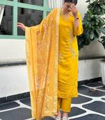 Floral embroidered silk blend v neck kurta trouser & dupatta set
