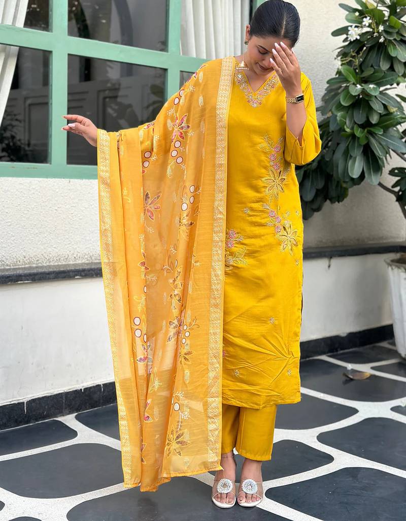 Floral embroidered silk blend v neck kurta trouser & dupatta set