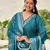 Floral embroidered silk blend v neck kurta trouser & dupatta set