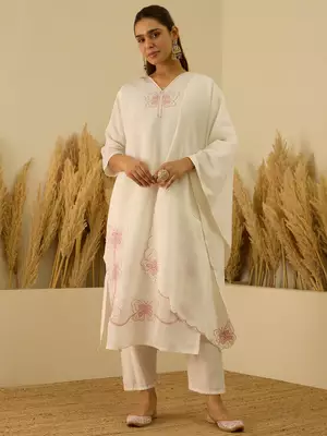 Floral embroidered silk blend v neck kurta trouser & dupatta set 1