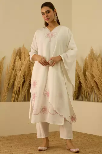 Floral embroidered silk blend v neck kurta trouser & dupatta set