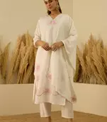 Floral embroidered silk blend v neck kurta trouser & dupatta set