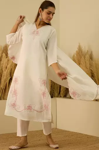 Floral embroidered silk blend v neck kurta trouser & dupatta set