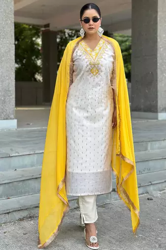 Floral embroidered chanderi silk v neck kurta trouser & dupatta set