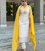 Floral embroidered chanderi silk v neck kurta trouser & dupatta set
