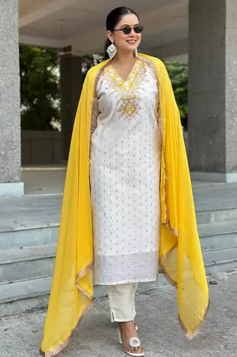 Floral embroidered chanderi silk v neck kurta trouser & dupatta set