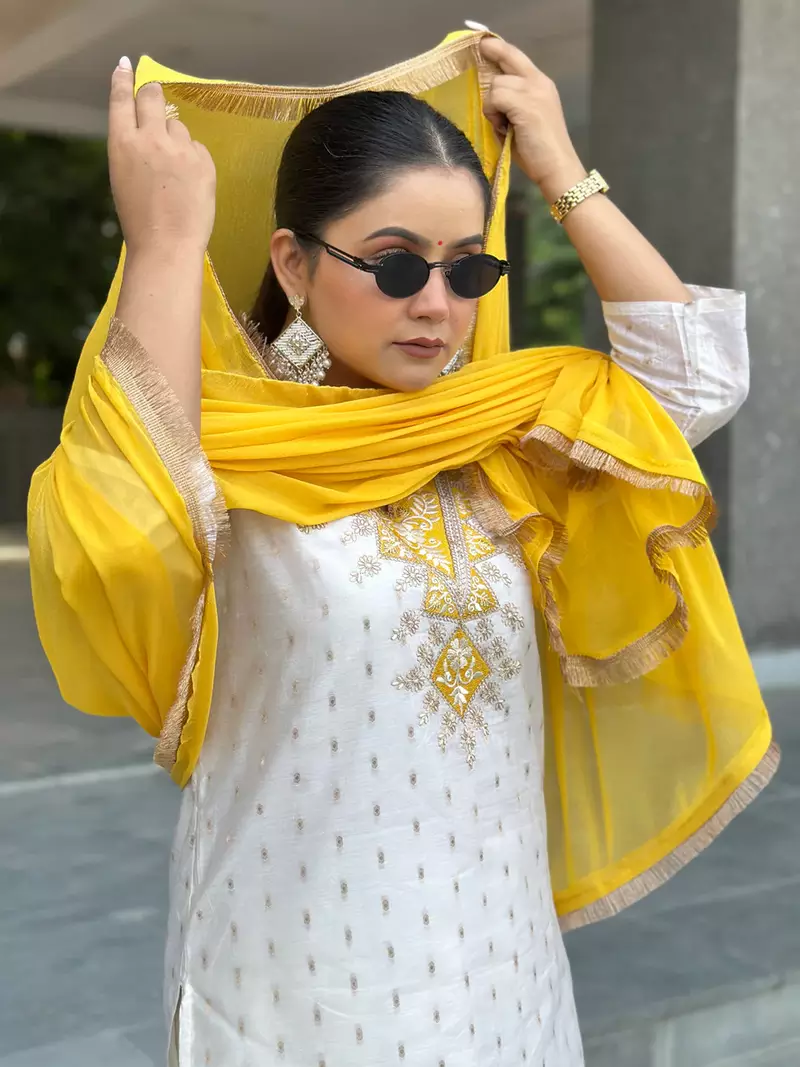 Floral embroidered chanderi silk v neck kurta trouser & dupatta set