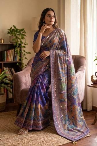 Royal Blue Printed With Real Mirror-Gold Zari And Diamond Silk Blend Saree