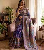 royal blue printed with real mirror-gold zari and diamond silk blend saree