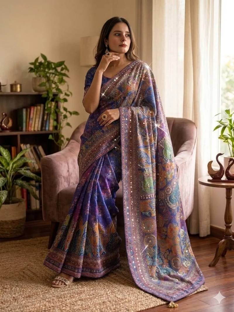 royal blue printed with real mirror-gold zari and diamond silk blend saree