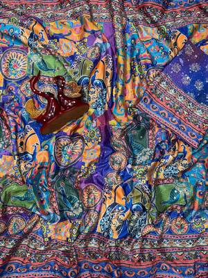royal blue printed with real mirror-gold zari and diamond silk blend saree 5
