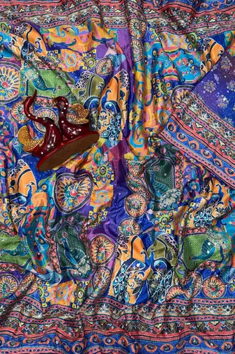 royal blue printed with real mirror-gold zari and diamond silk blend saree
