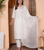 Floral embroidered cotton round neck kurta trouser & dupatta set
