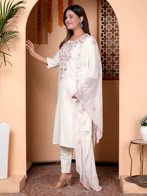 Floral embroidered cotton round neck kurta trouser & dupatta set 2