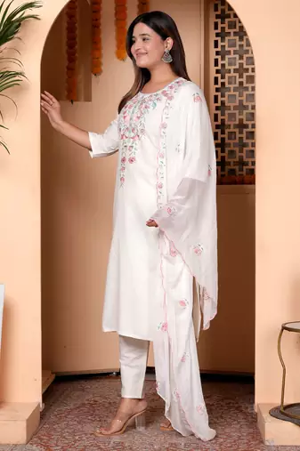 Floral embroidered cotton round neck kurta trouser & dupatta set
