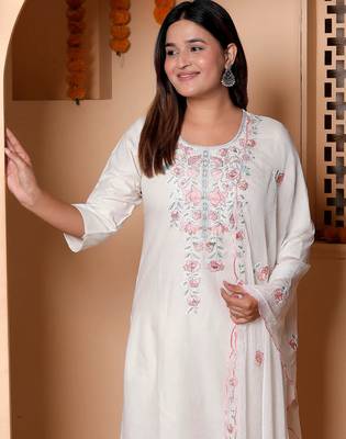 Floral embroidered cotton round neck kurta trouser & dupatta set 3