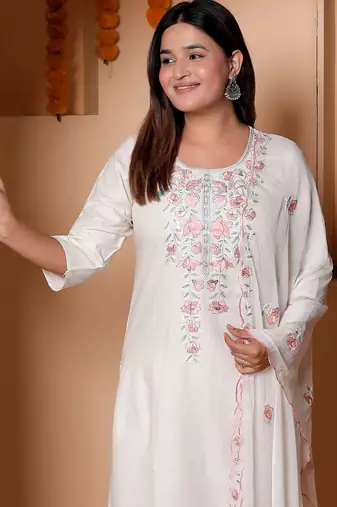 Floral embroidered cotton round neck kurta trouser & dupatta set