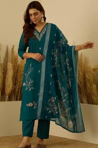 Floral embroidered silk blend v neck kurta trouser & dupatta set