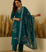 Floral embroidered silk blend v neck kurta trouser & dupatta set