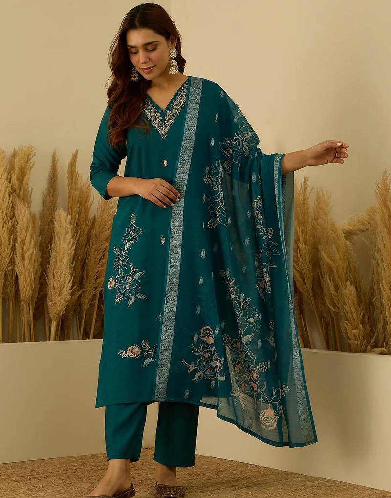 Floral embroidered silk blend v neck kurta trouser & dupatta set