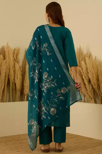 Floral embroidered silk blend v neck kurta trouser & dupatta set
