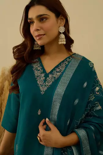 Floral embroidered silk blend v neck kurta trouser & dupatta set