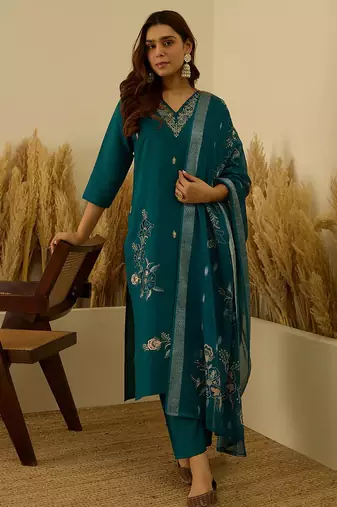 Floral embroidered silk blend v neck kurta trouser & dupatta set