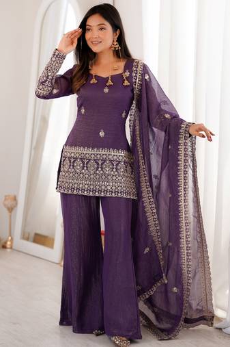 Shiny Purple Zari Work Silk Festival Wear Palazzo Suit With Dupatta