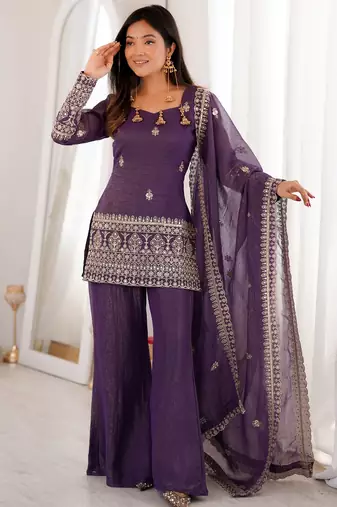 Shiny Purple Zari Work Silk Festival Wear Palazzo Suit With Dupatta