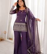 Shiny Purple Zari Work Silk Festival Wear Palazzo Suit With Dupatta