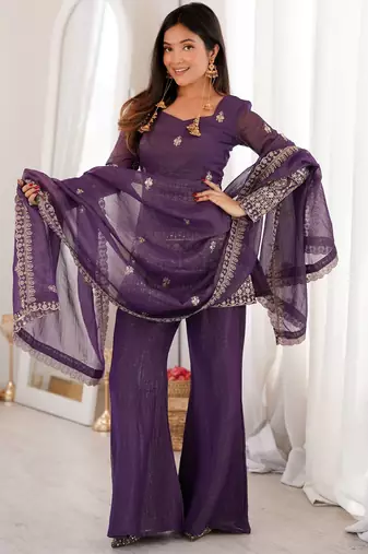 Shiny Purple Zari Work Silk Festival Wear Palazzo Suit With Dupatta