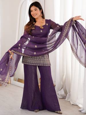 Shiny Purple Zari Work Silk Festival Wear Palazzo Suit With Dupatta 3