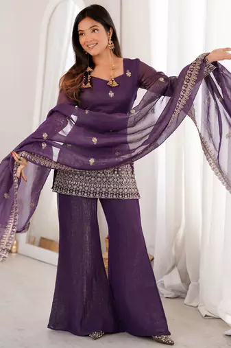 Shiny Purple Zari Work Silk Festival Wear Palazzo Suit With Dupatta