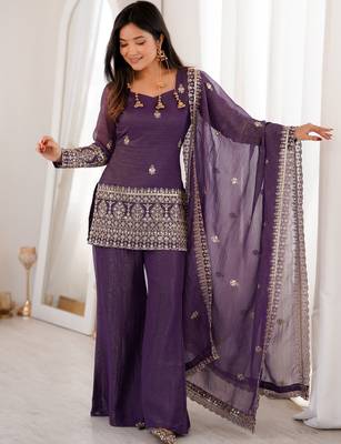 Shiny Purple Zari Work Silk Festival Wear Palazzo Suit With Dupatta 4