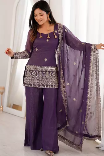 Shiny Purple Zari Work Silk Festival Wear Palazzo Suit With Dupatta