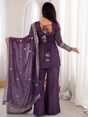Shiny Purple Zari Work Silk Festival Wear Palazzo Suit With Dupatta 5