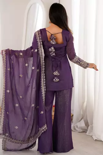 Shiny Purple Zari Work Silk Festival Wear Palazzo Suit With Dupatta