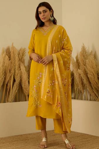 Floral embroidered silk blend v neck kurta trouser & dupatta set