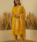 Floral embroidered silk blend v neck kurta trouser & dupatta set