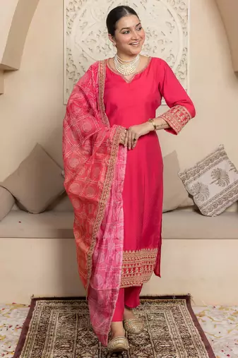Floral embroidered silk blend round neck kurta trouser & dupatta set