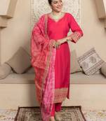 Floral embroidered silk blend round neck kurta trouser & dupatta set