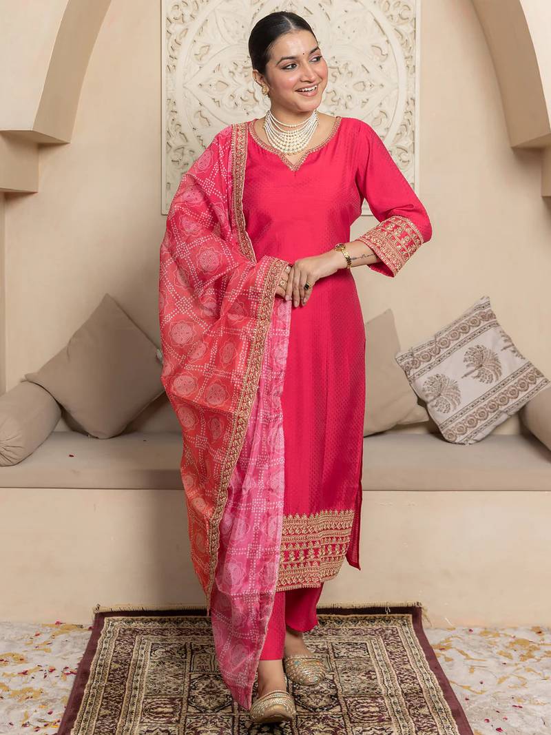 Floral embroidered silk blend round neck kurta trouser & dupatta set