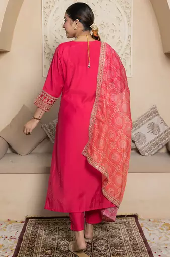 Floral embroidered silk blend round neck kurta trouser & dupatta set