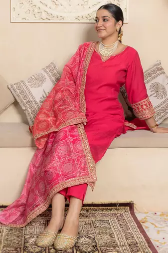 Floral embroidered silk blend round neck kurta trouser & dupatta set