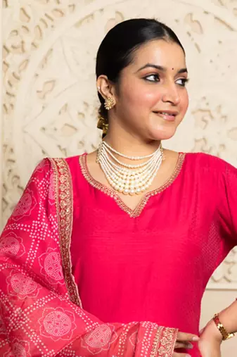 Floral embroidered silk blend round neck kurta trouser & dupatta set