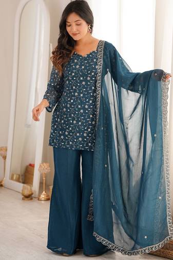 Bewitching Teal Blue Embroidered Silk Wedding Wear Palazzo Suit