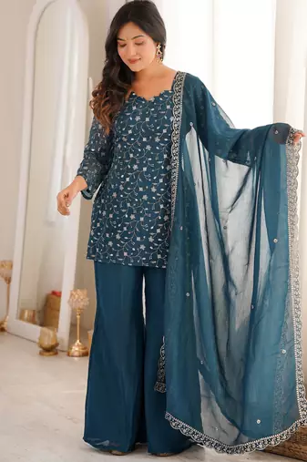 Bewitching Teal Blue Embroidered Silk Wedding Wear Palazzo Suit