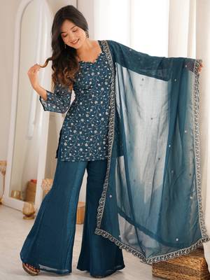 Bewitching Teal Blue Embroidered Silk Wedding Wear Palazzo Suit 2