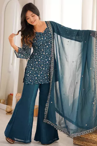 Bewitching Teal Blue Embroidered Silk Wedding Wear Palazzo Suit