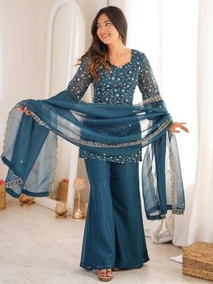 Bewitching Teal Blue Embroidered Silk Wedding Wear Palazzo Suit 3